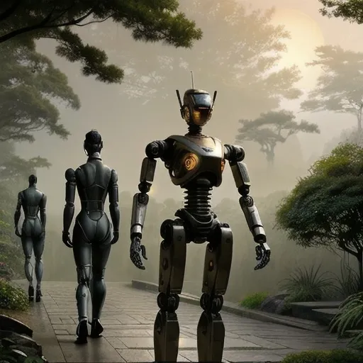 Prompt: Realistic 4K digital painting of a powerful robot surrounded by fitness men, serene Japanese wabi-sabi-style garden, sci-fi, sunrise scene, smoky atmosphere, detailed metallic textures, serene and tranquil setting, futuristic android design, serene and tranquil setting, strong and sturdy robot, human figures with minimalist clothing, peaceful and harmonious atmosphere, high-quality, detailed robotics, serene garden setting, sunrise lighting, serene atmosphere, digital painting, realistic, sci-fi, detailed metallic textures, tranquil, wabi-sabi style, smoky atmosphere, serene garden