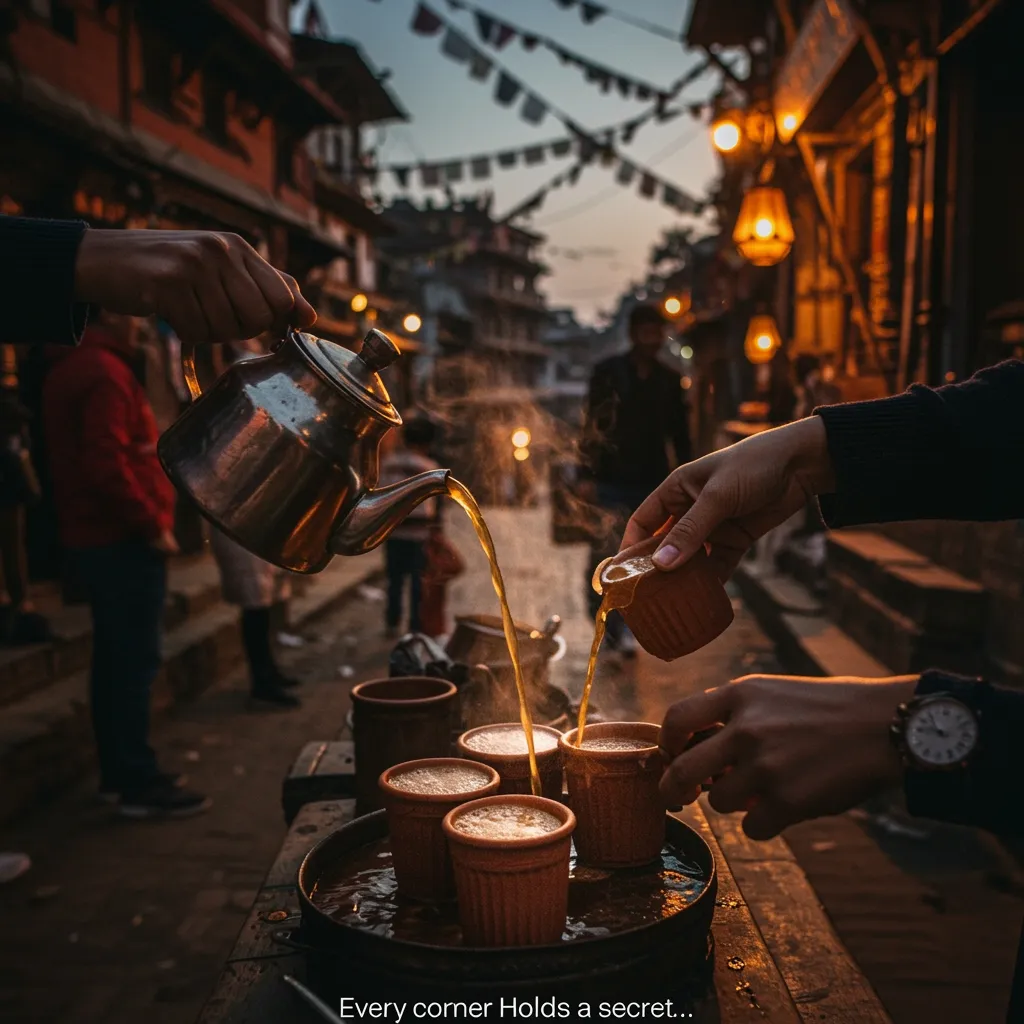 Prompt: Visual: Hands expertly pouring hot, spiced chai into simple clay cups. The scene takes place in a street conor in nepal.
Caption (small, elegant font):
Every corner holds a secret…