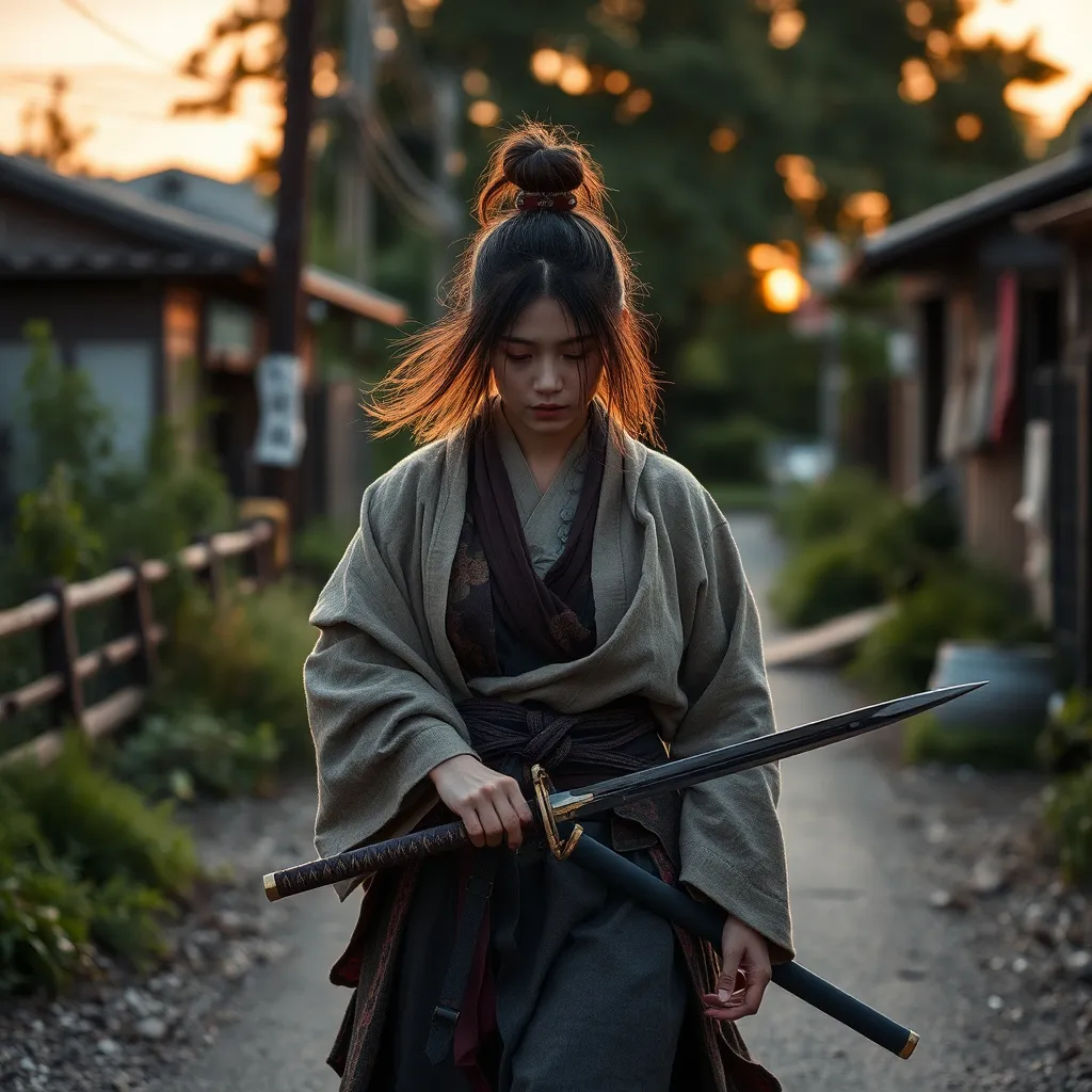 Prompt: A female Japanese samurai without a master, tattered clothes, Japanese swords, roaming around on a rural street in Japan's countryside, background : nature, sunset, greenery