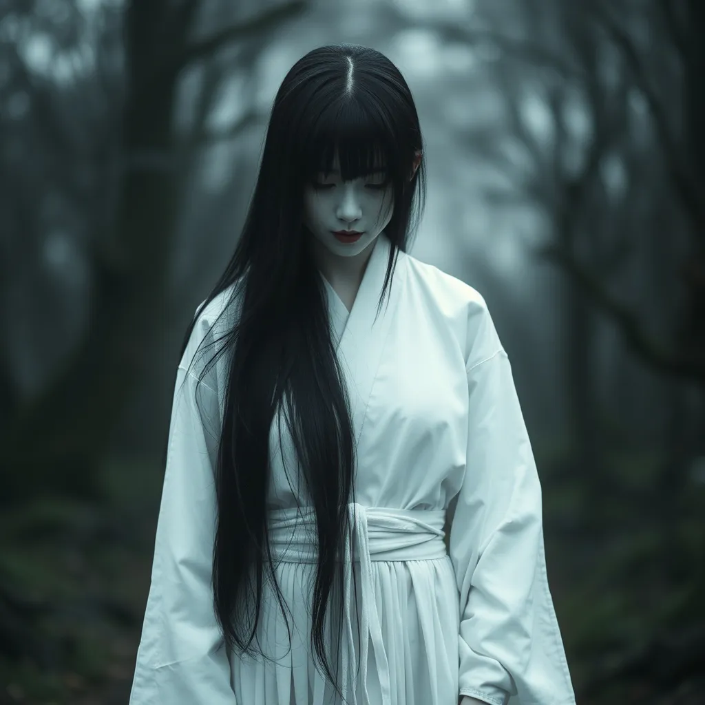 Prompt: A Japanese ghost woman, long black hair combed before her chest, wearing a white traditional Japanese burial dress,