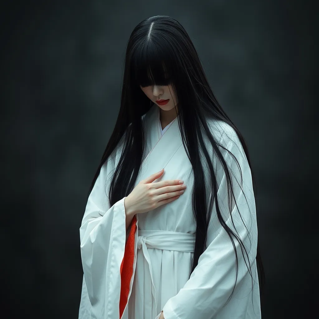 Prompt: A Japanese ghost woman, long black hair combed before her chest, wearing a white traditional Japanese burial dress,