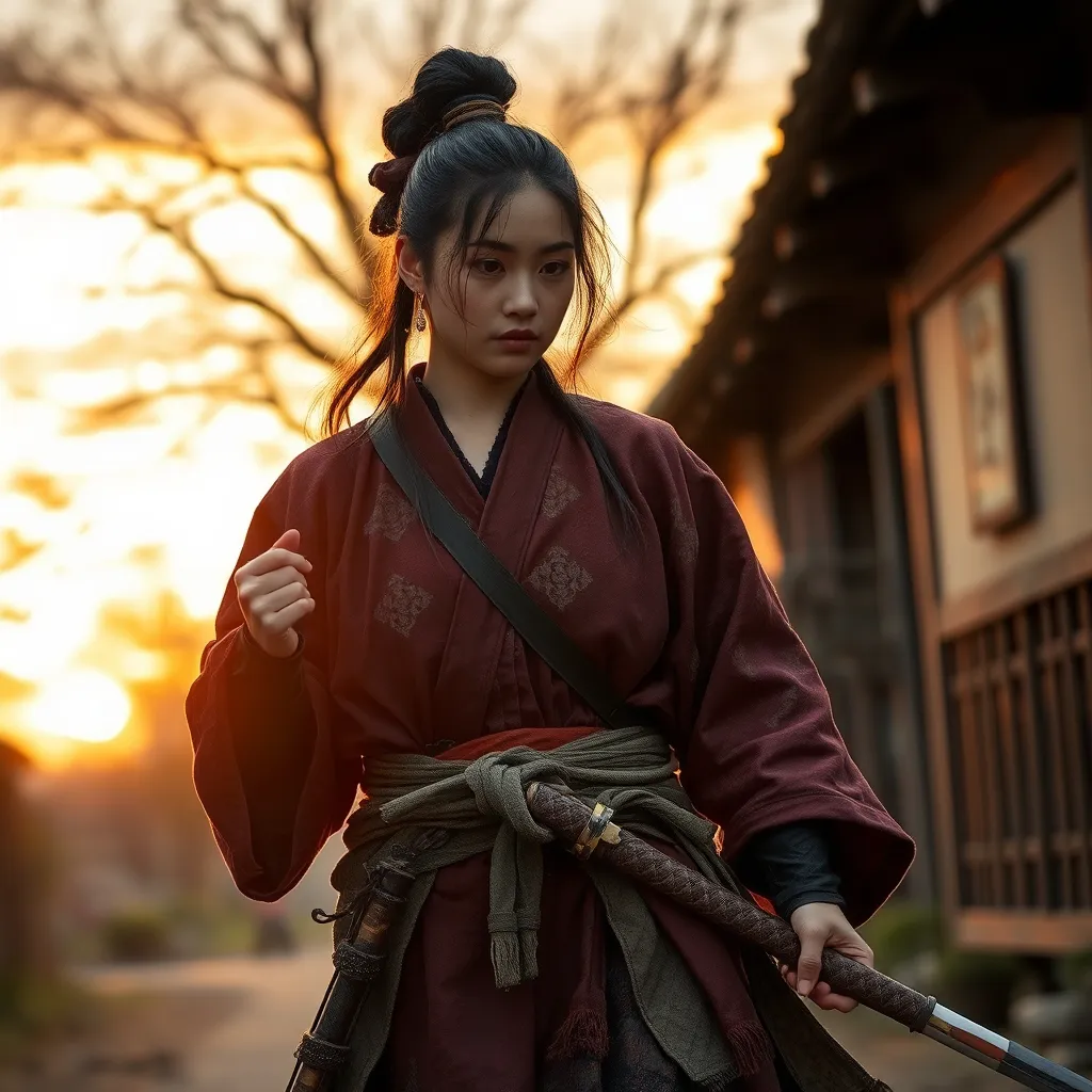 Prompt: A female Japanese samurai without a master, tattered clothes, Japanese swords, roaming around on a village street in feudal Japan, 17th century, background : nature, sunset