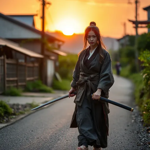 Prompt: A female Japanese samurai without a master, tattered clothes, Japanese katana, roaming around on a rural street in Japan's countryside, background : nature, sunset, greenery