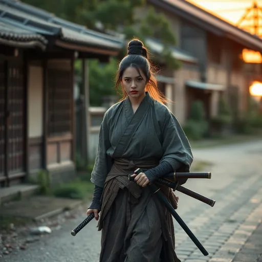 Prompt: A female Japanese samurai without a master, tattered clothes, Japanese swords, roaming around on a village street in feudal Japan, 17th century, background : nature, sunset