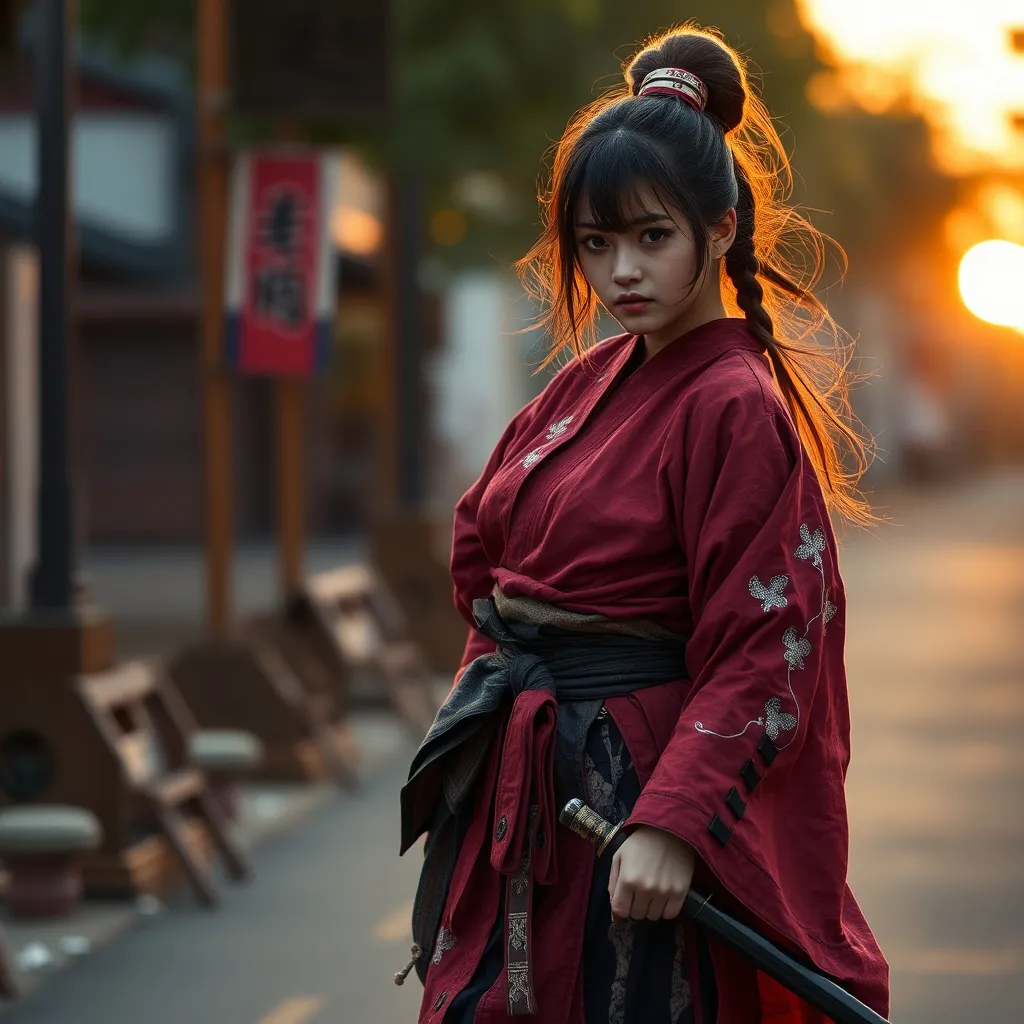 Prompt: A female Japanese samurai without a master, tattered clothes, Japanese swords, roaming around on a street, background : nature, sunset