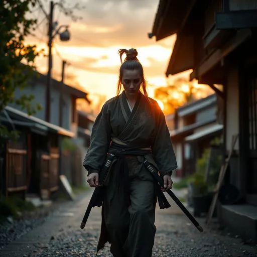 Prompt: A female Japanese samurai without a master, tattered clothes, Japanese swords, roaming around on a village street in feudal Japan, 17th century, background : nature, sunset