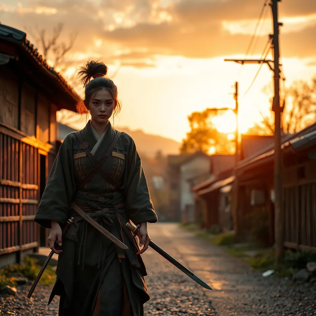 Prompt: A female Japanese samurai without a master, tattered clothes, Japanese swords, roaming around on a village street in feudal Japan, 17th century, background : nature, sunset