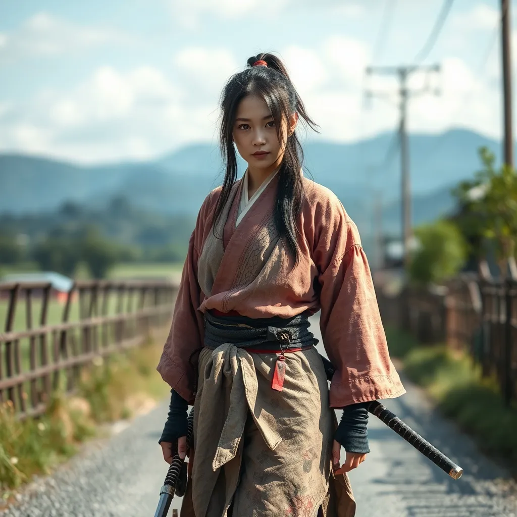 Prompt: A female Japanese samurai without a master, tattered clothes, Japanese swords, roaming around on a street, background : a rural way through a beautiful Japanese landscape