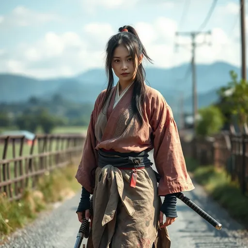 Prompt: A female Japanese samurai without a master, tattered clothes, Japanese swords, roaming around on a street, background : a rural way through a beautiful Japanese landscape