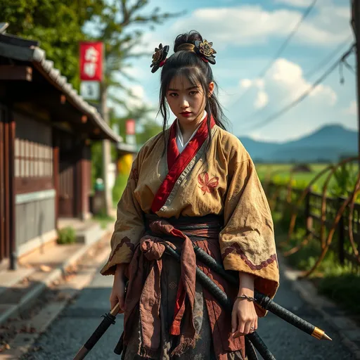 Prompt: A female Japanese samurai without a master, tattered clothes, Japanese swords, roaming around on a street, background : a rural way through a beautiful Japanese landscape