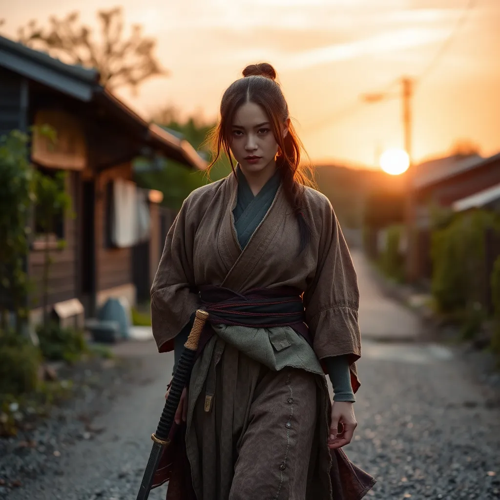 Prompt: A female Japanese samurai without a master, tattered clothes, Japanese katana, roaming around on a rural street in Japan's countryside, background : nature, sunset, greenery