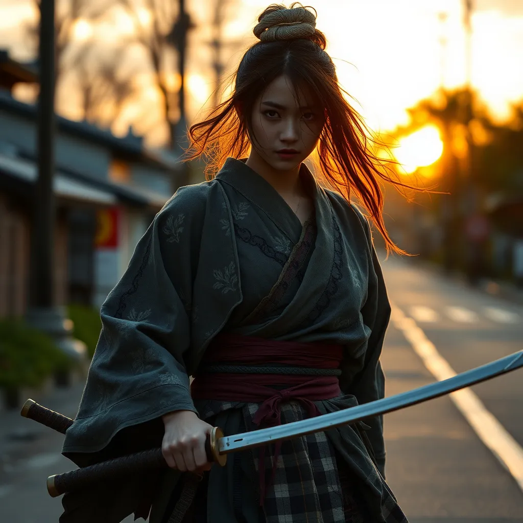 Prompt: A female Japanese samurai without a master, tattered clothes, Japanese swords, roaming around on a street, background : nature, sunset