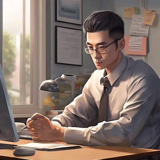 Prompt: June is a 30 year-old man who is an office worker. He has been working very hard to raise his family but never feel satisfied or fulfilled in life. Let the setting being his office and he is very focus on his job.