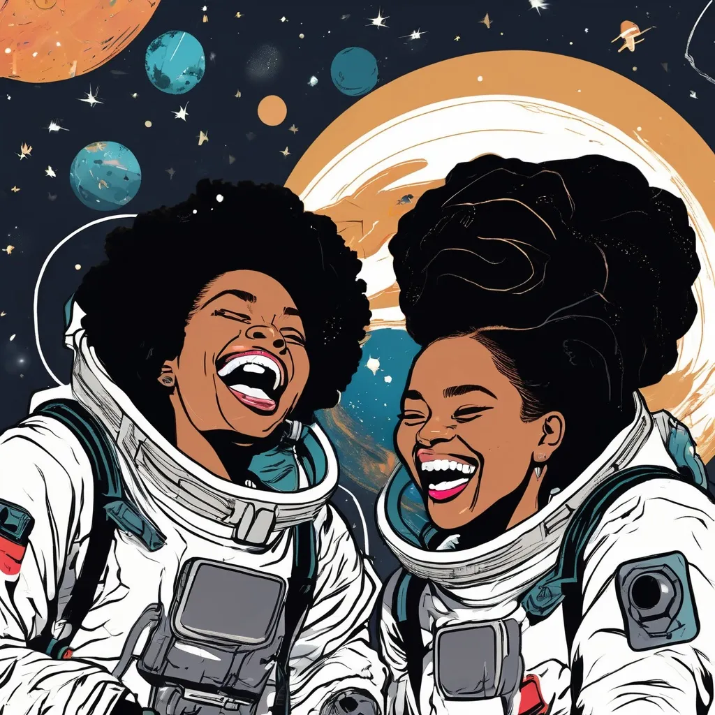 Prompt: BLACK WOMEN LAUGHING IN OUTERSPACE