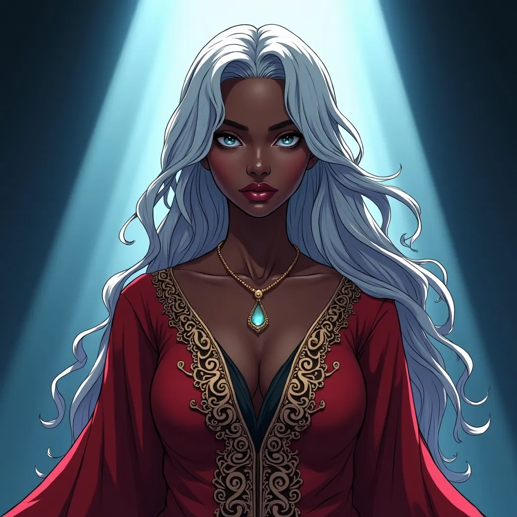 Prompt: tarot card Anime illustration, a silver-haired  black woman, detailed ornate cloth red robe, dramatic lighting blue