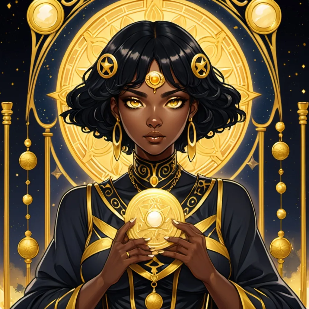 Prompt: tarot card Anime illustration , black haired black women with gold eyes , the high priestess