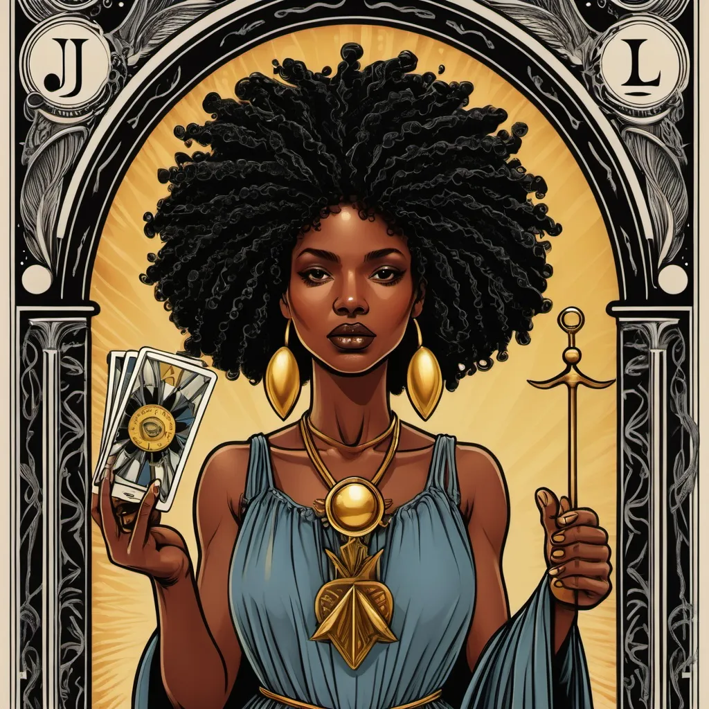 Prompt: tarot card justice black woman with liberty