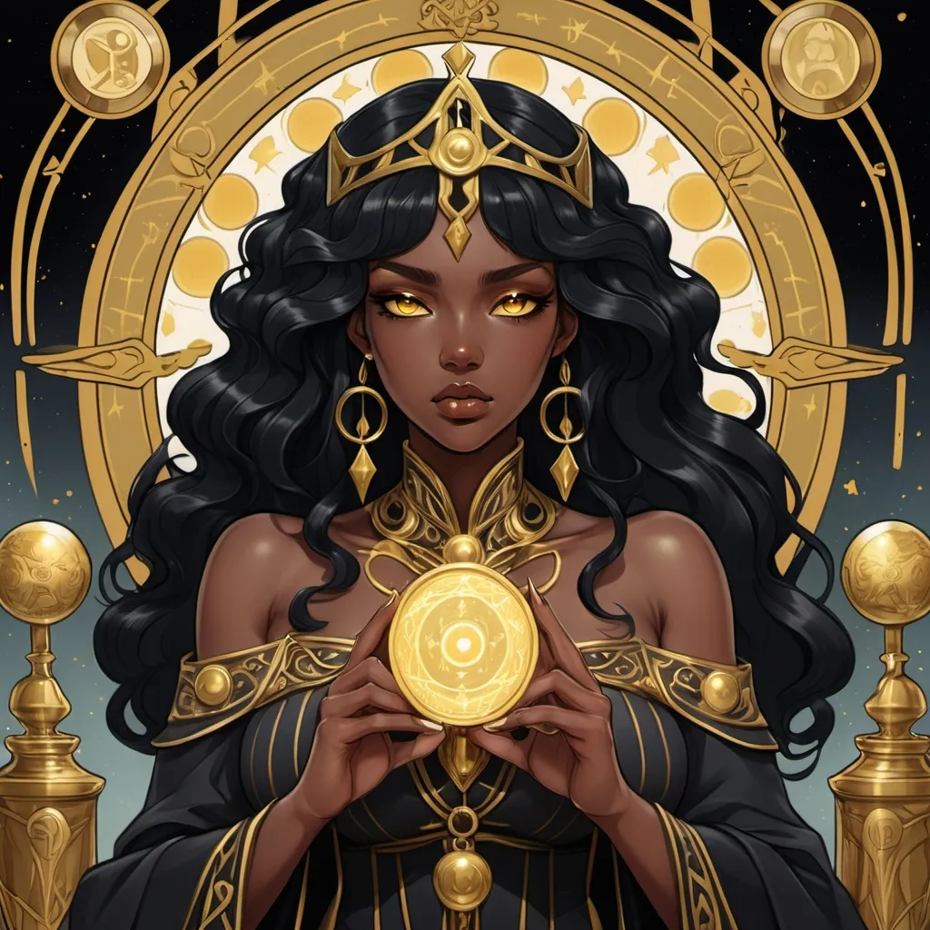 Prompt: tarot card Anime illustration , black haired  large black women with gold eyes , the high priestess