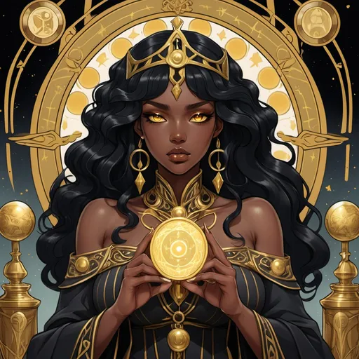 Prompt: tarot card Anime illustration , black haired  large black women with gold eyes , the high priestess