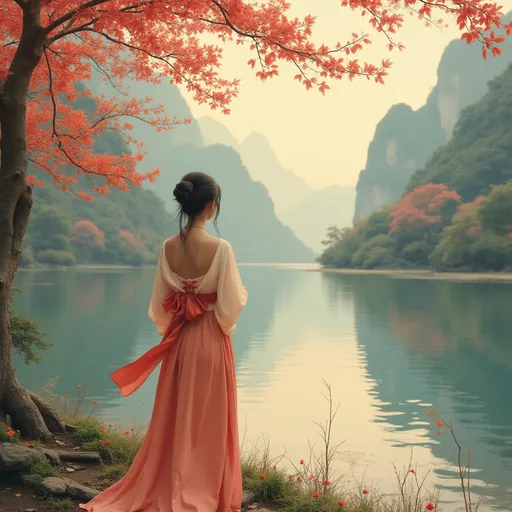 Prompt: Generate a picture: an Chinese old-fashioned style, requiring the image to show a woman standing by a river