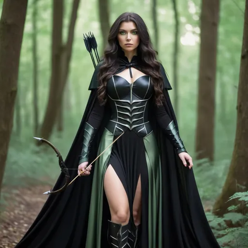 Prompt: a woman with long dark wavy hair and light green eyes. she is wearing black armour dress and cape. full body. she is in a forrest with a bow and arrow. she looks like a witch goddess. 