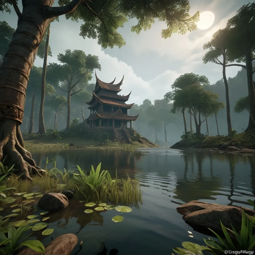 Prompt: a mysterious forest next to a lake, high quality, unreal engine In a majestic kingdom rich in culture, known as Gangga, a warrior named Tuah was slain in the final battle against Raja Marbar. The Kingdom of Gangga, famous for its fertile rivers and dense forests, is now steeped in darkness due to the oppression of Raja Marbar.