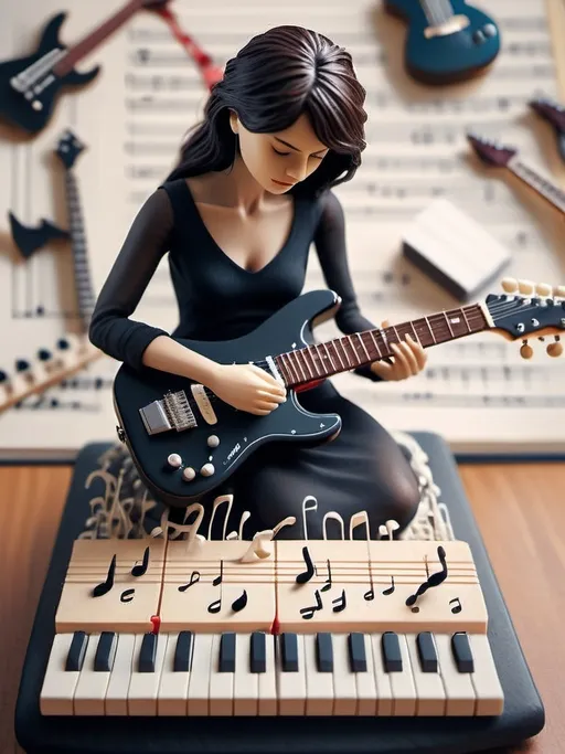 Prompt: A woman (2 inches tall) scattered music notes across a blank tablature, intricately detailed, (guitars in the background), including electric guitars and guitar amps. The atmosphere is vibrant and inspiring, embodying a sense of creativity and motivation. She wears a sleek black dress with BOTH striking red heels, exuding artistic elegance. The entire composition is ultra-detailed, captivating, with a warm color palette that enhances the sense of mystical inspiration around her.