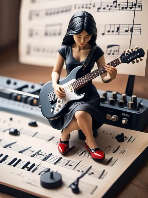 Prompt: A (woman 2 inches tall) scattered music notes across a blank tablature, intricately detailed, (guitars in the background), including electric guitars and guitar amps. The atmosphere is vibrant and inspiring, embodying a sense of creativity and motivation. She wears a sleek black dress with striking red heels, exuding artistic elegance. The entire composition is ultra-detailed, captivating, with a warm color palette that enhances the sense of mystical inspiration around her.