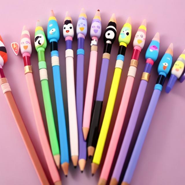 Cute cartoon pens and pencils with cute eyes on the...