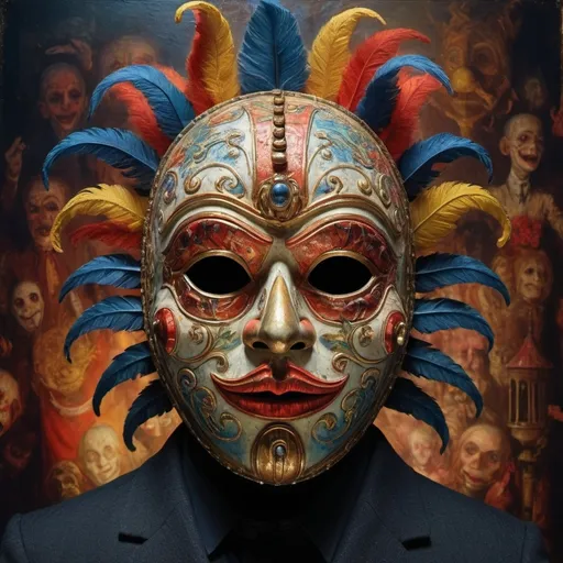 Prompt: (mask, James Ensor style), vibrant colors, surreal and imaginative, emotional and eerie atmosphere, detailed and intricate designs, dark and muted background with strange and dreamlike elements, high contrast lighting, ultra-detailed, 4K, high quality, artistic masterpiece, evokes a sense of mystery and intrigue.