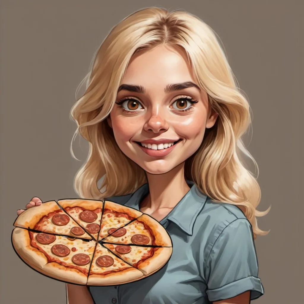 Prompt: Draw a caricature of a blonde girl with brown eyes, holding a pizza.