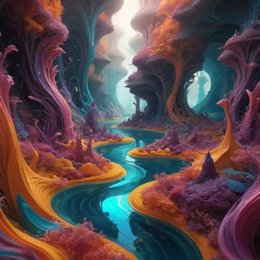 Prompt: abstract concept, (mysterious) shapes and forms merging, vibrant colors swirled together, (dynamic movements), vivid depth, enchanting atmosphere, visual storytelling, (emotional tone) evoking curiosity, 4K ultra-detailed imagery, intricate patterns, dreamlike landscape, enchanting environment blending fantasy and reality.