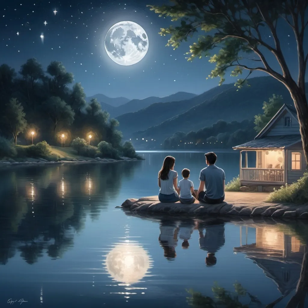 Prompt: a beautiful night view with a girl sitting next to boy and watching moon together near the lake side