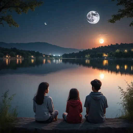 Prompt: a beautiful night view with a girl sitting next to boy and watching moon together near the lake side