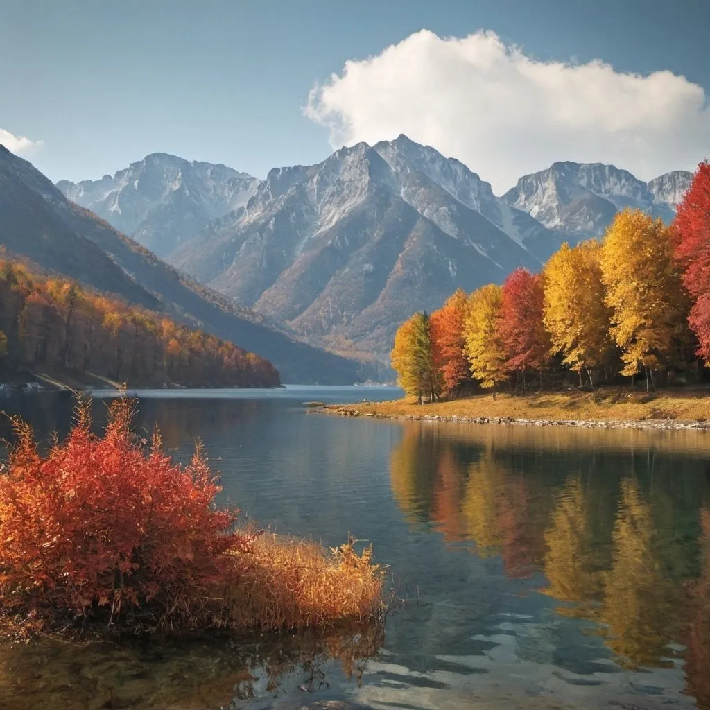 Prompt: Autumn mountains by a lake