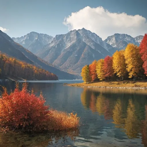 Prompt: Autumn mountains by a lake