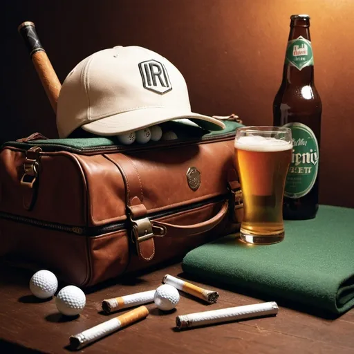 Prompt: Golf-themed album art cover featuring cigarettes, beer, golf equipment, vintage aesthetic, retro vibe, textured details, professional illustration, vintage, realistic, detailed, smoky atmosphere, golf clubs, casual attire, vintage golf bag, colorful golf balls, cigarettes, beer bottles, rustic vibe, worn-out feel, best quality, highres, ultra-detailed, vintage illustration, retro, textured, moody lighting, warm tones