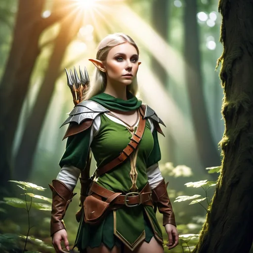 Prompt: Elf ranger in a mystical forest around sunlight