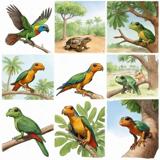 Prompt: 1. A carpenter bird makes a powder.  2. Pull a lizard from a tree branch.  3. Golubelek, Tortoise, Kasbawek. 4. Benayaka Hadano in a tree to pull a parrot.  5. Draw a frog.