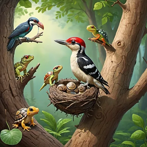 Prompt: in a forest
 A woodpecker making a nest in a tree
 A lizard on a tree branch
 Being in a parrot
 Tortoise walking
 Walking a turtle
 A snail
 A frog jumps