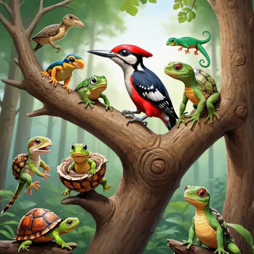 Prompt: in a forest
 A woodpecker making a nest in a tree
 A lizard on a tree branch
 Being in a parrot
 Tortoise walking
 Walking a turtle
 A snail
 A frog jumps