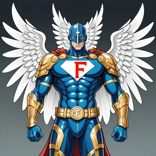 Prompt: fluoride as super hero in anime art style with a f on there chest as a  man  with six wings armor and sword 




