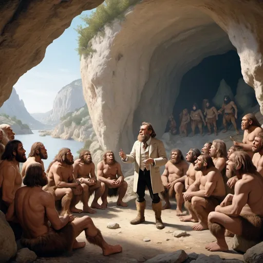 Prompt: a white gentleman from the 19th century is lecturing a group of neanderthals in leatherscraps in front of a cave