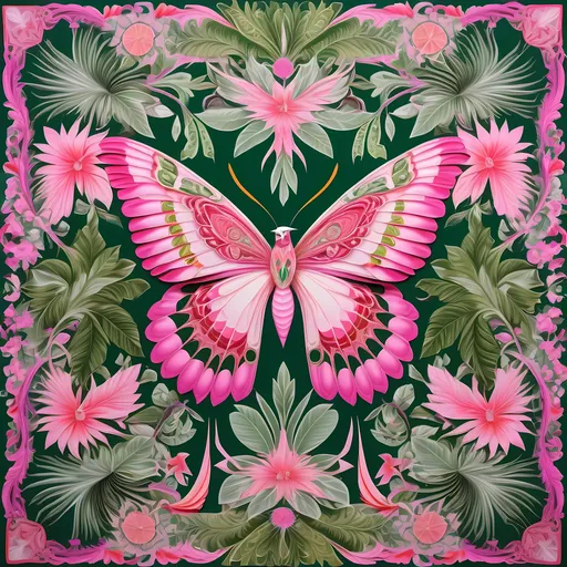 Prompt: exotic pink butterfly, (kaleidoscopic design), intertwined with (lush green plants), (vibrant vegetation), accompanied by a (secretary bird), echoing the style of a luxurious Hermes scarf, intricate details, mesmerizing patterns, (highly detailed), 60 by 64 dimensions, a fusion of nature and elegance, striking colors and textures, radiant ambiance, visually captivating representation. green border all round