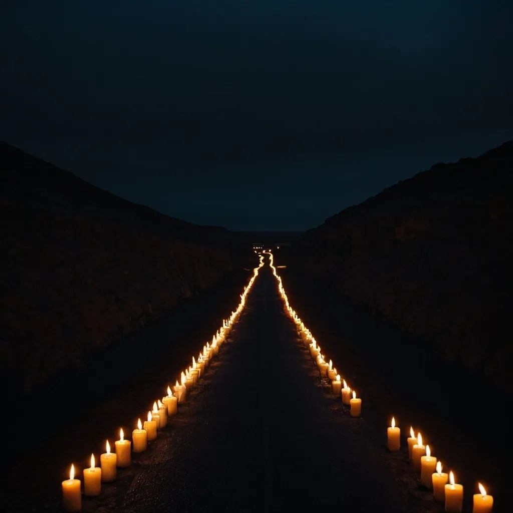 Prompt: a very dark road to the far horizont. In its both sides there are many candles 
