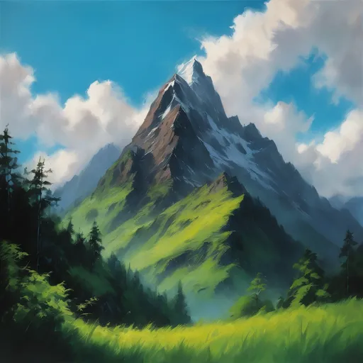 Prompt: A majestic mountain rises prominently against the soft blue sky, its peak covered by thick white clouds that hint at a mysterious past. The mountain's dark green slopes are streaked with brown, contrasting sharply with the verdant, lush grass at its base. Clusters of vivid green blades create a lively foreground, imbuing the scene with a sense of life and growth. The painting radiates a serene yet powerful energy, balancing the tranquility of nature with the raw potential of volcanic activity. The overall atmosphere captures an essence of beauty intertwined with nature's formidable forces.