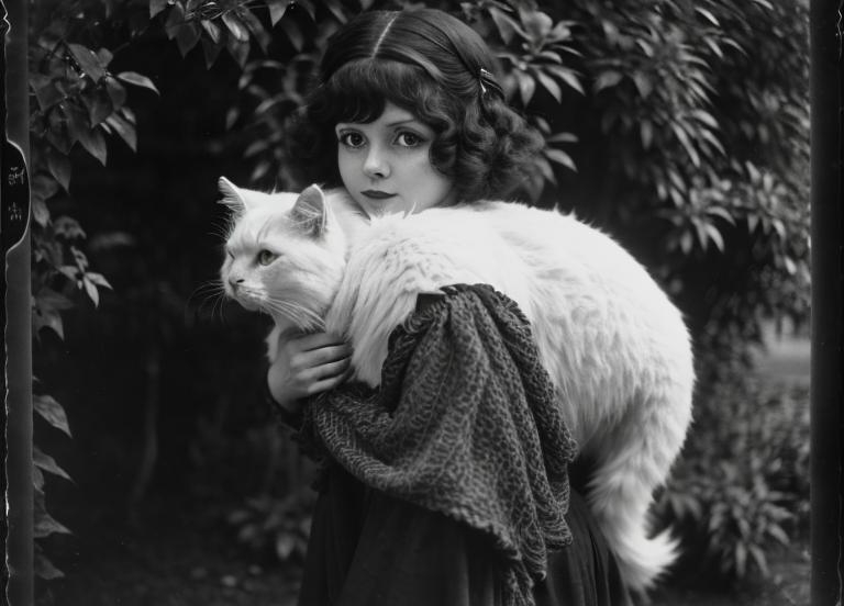 Prompt: Clara Bow looking to the left with a large scruffy white cat on her shoulder  with a long tail curled 