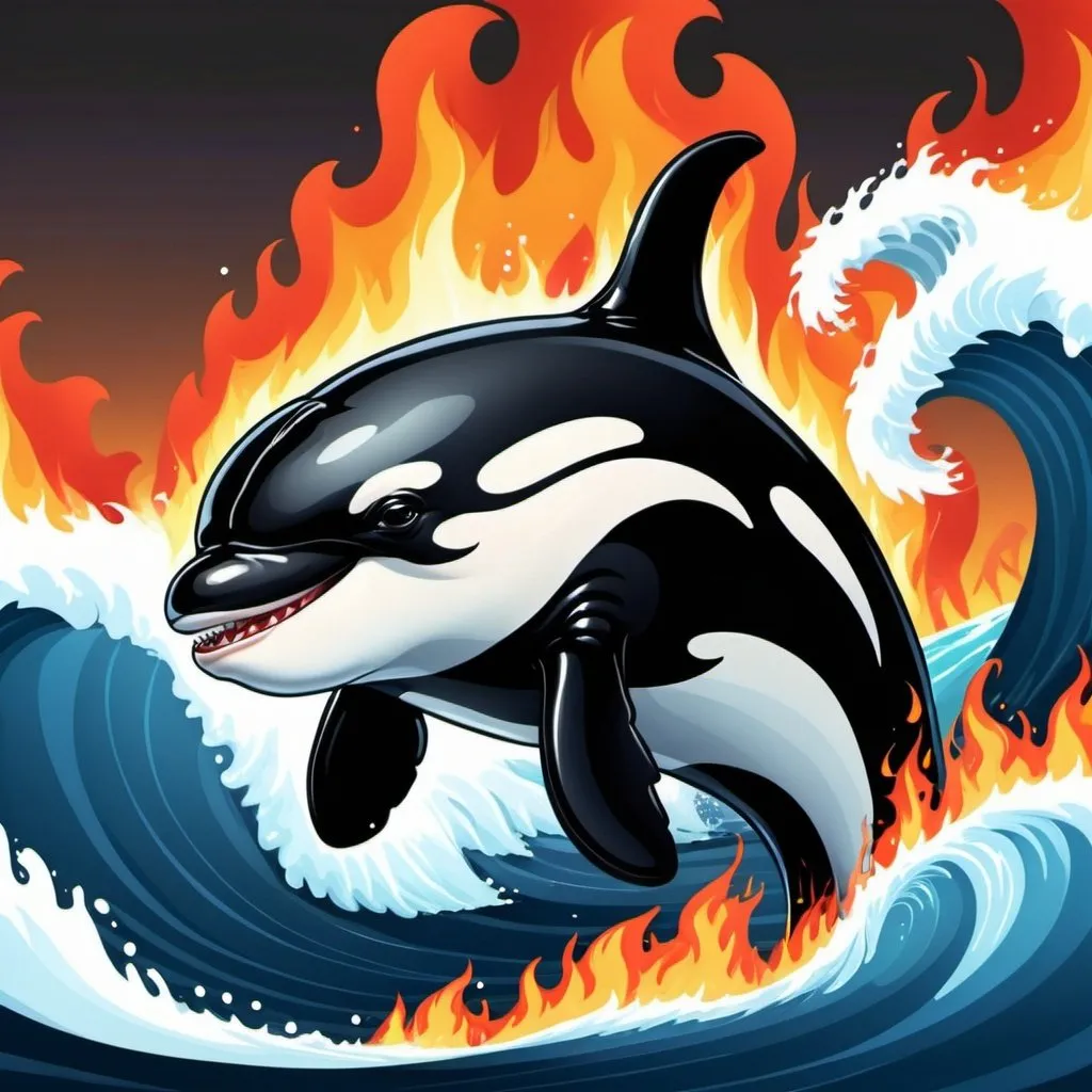 Prompt: Close up orca on fire in a wave swimming in cartoon style