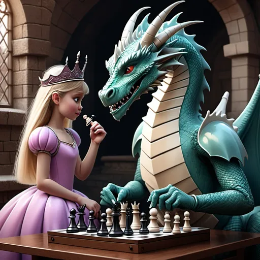 Prompt: A dragon playing chess with a princess.