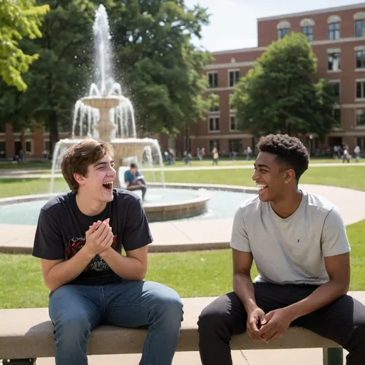 Prompt: two male students, college campus, laughing together, sitting on park bench, face to face, fountain to the right, building to the rear of them